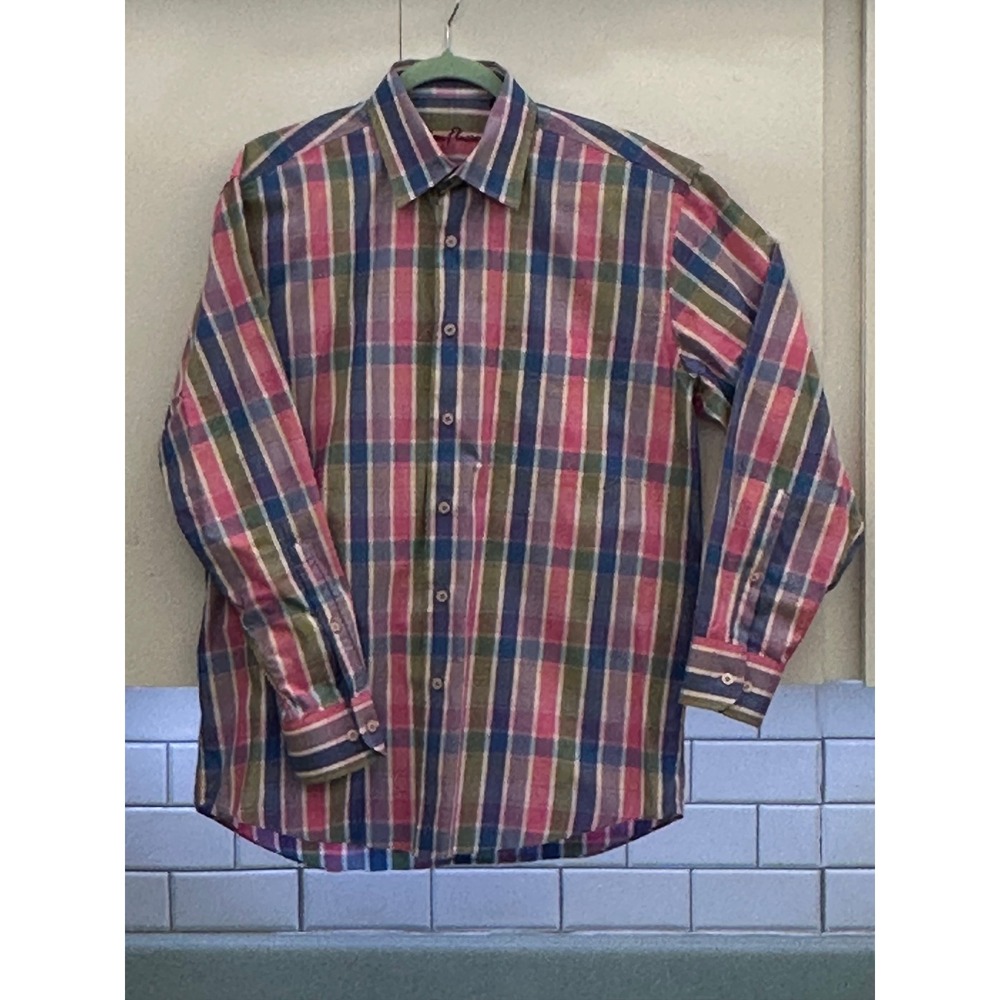 Alan Flusser Mens Medium Plaid Dobby Weave Button Down Shirt Multi Color